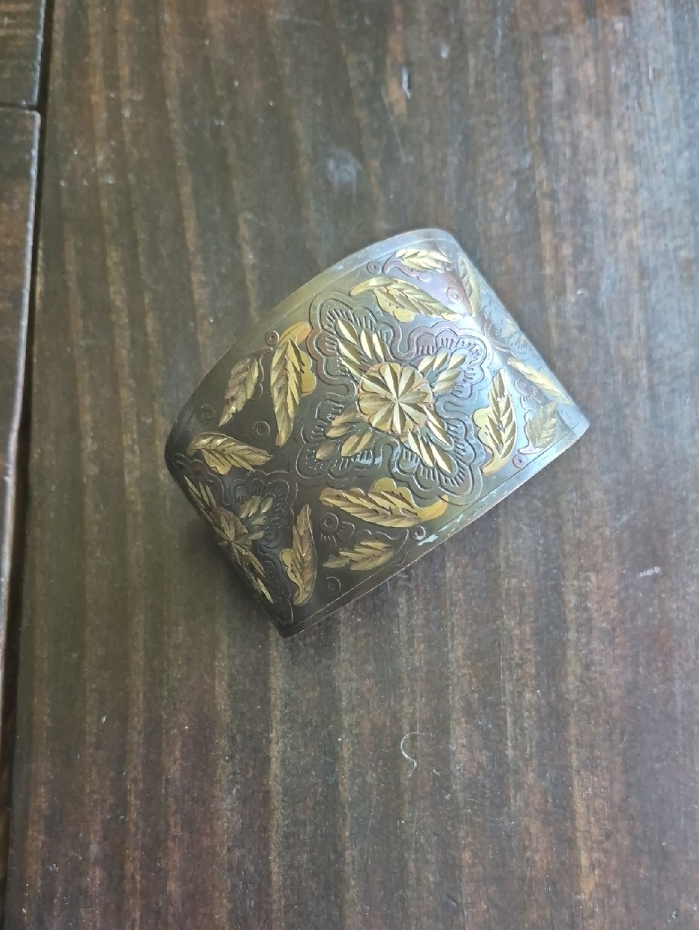 Vintage Floral Engraved Metal Cuff Bracelet - Two-Tone